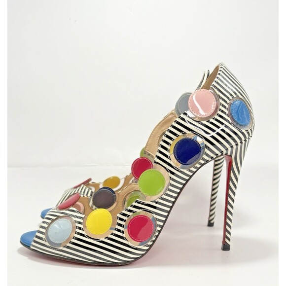 Christian Louboutin Lady Bug Heels Navy/White Stripes Bright Polka Dots Sz 35.5 - Picture 4 of 16